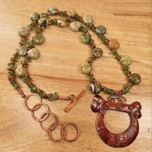 Vintage Artisan Jewelry Adjustable-Length Gemstone and Copper Necklace